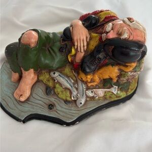 Sleeping Hobo Fisherman Vintage Figurine cabin core lodge man cave login kitchy